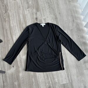 Nine West Black Faux-Wrap Long Sleeve Top with Side Chain Accent